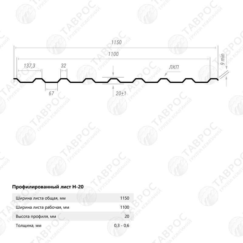 Профнастил Н-20 Zn 1500*1150*0,45 односторонний