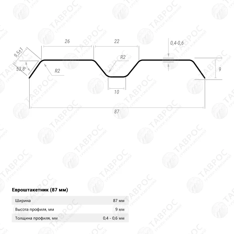 Металлический штакетник Гладкий полиэстер RAL 6005 (Зелёный мох) 2500*87*0,5 односторонний Фигурный