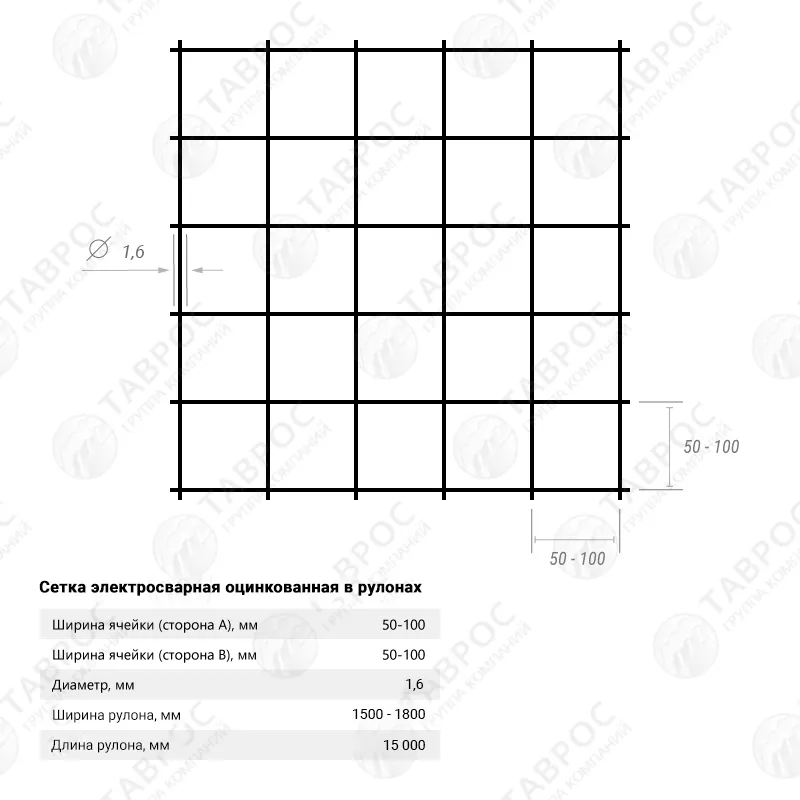 Сетка электросварная оцинкованная в рулонах (100х50 мм) 1,5х15 м / D=1,6 мм